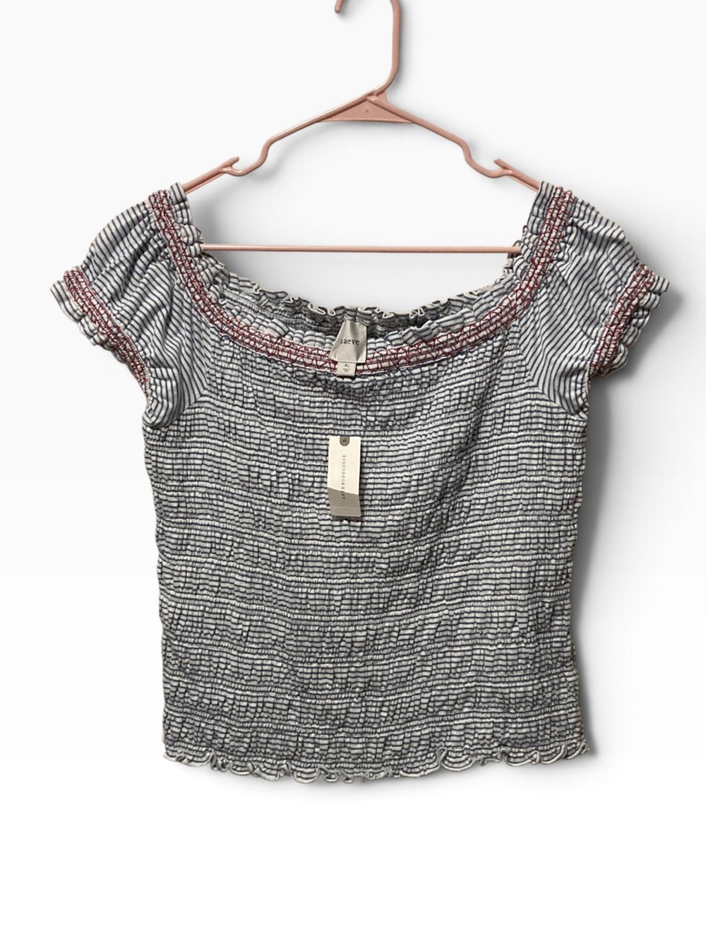 Anthropologie Maeve Navy & White Striped Smocked Off-Shoulder Top